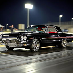 A striking black 1965 Ford Thunderbird drag car, featuring large chrome wheels that gleam under bright lights, aggressive fender flares that add to its muscular appearance, and a luxurious red interior that contrasts beautifully with the exterior