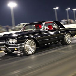 A striking black 1965 Ford Thunderbird drag car, featuring large chrome wheels that gleam under bright lights, aggressive fender flares that add to its muscular appearance, and a luxurious red interior that contrasts beautifully with the exterior