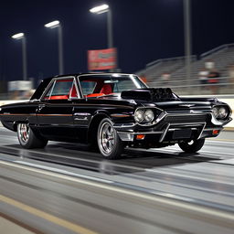 A striking black 1965 Ford Thunderbird drag car, featuring large chrome wheels that gleam under bright lights, aggressive fender flares that add to its muscular appearance, and a luxurious red interior that contrasts beautifully with the exterior