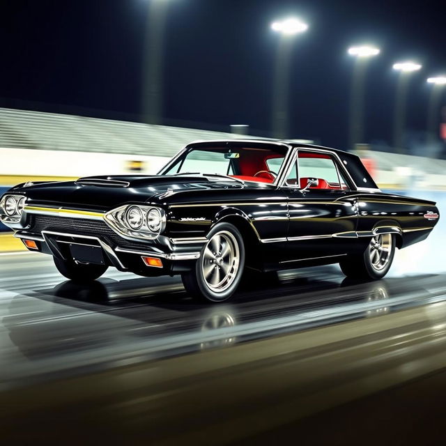 A striking black 1965 Ford Thunderbird drag car, featuring large chrome wheels that gleam under bright lights, aggressive fender flares that add to its muscular appearance, and a luxurious red interior that contrasts beautifully with the exterior