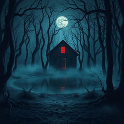 A gothic horror scene in a dense, dark forest filled with tension