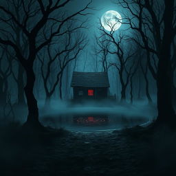A gothic horror scene in a dense, dark forest filled with tension