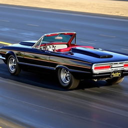 A sleek black 1965 Ford Thunderbird drag car, featuring large chrome wheels that shine under the light