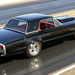 A sleek black 1965 Ford Thunderbird drag car, featuring large chrome wheels that shine under the light