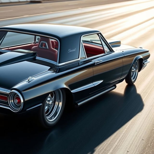 A sleek black 1965 Ford Thunderbird drag car, featuring large chrome wheels that shine under the light