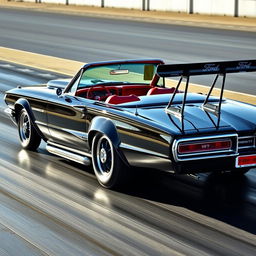 A sleek black 1965 Ford Thunderbird drag car, featuring large chrome wheels that shine under the light