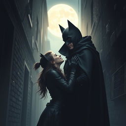 In a dark and mysterious alley under the soft glow of a full moon, a masked vigilante and an agile thief meet
