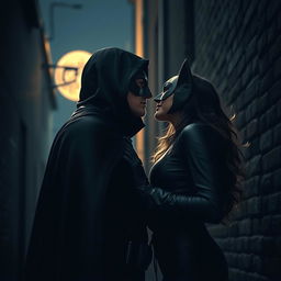 In a dark and mysterious alley under the soft glow of a full moon, a masked vigilante and an agile thief meet