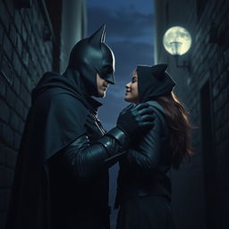 In a dark and mysterious alley under the soft glow of a full moon, a masked vigilante and an agile thief meet