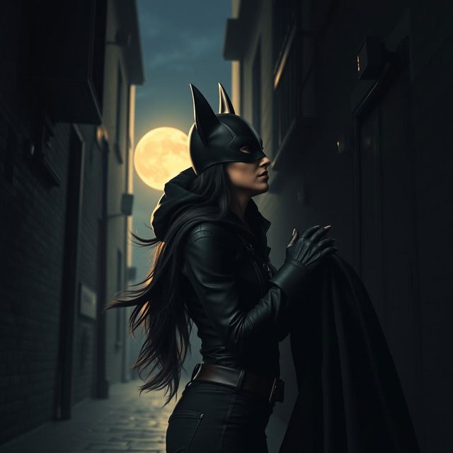 In a dark and mysterious alley under the soft glow of a full moon, a masked vigilante and an agile thief meet