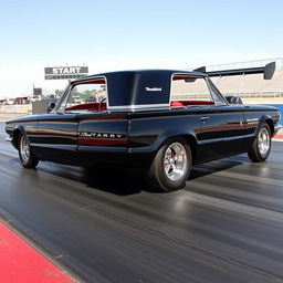 A sleek black 1965 Ford Thunderbird drag car with an aggressive stance, featuring large chrome wheels that reflect the sunlight