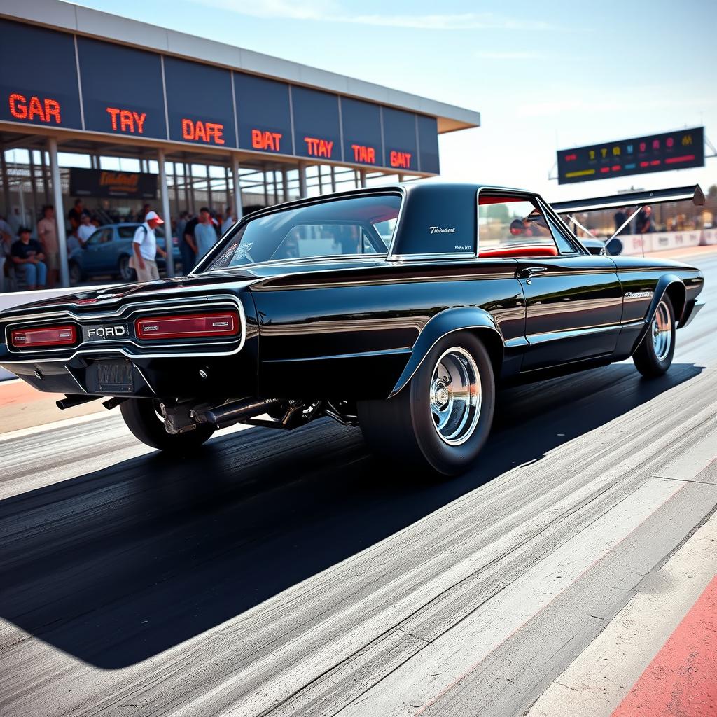 A sleek black 1965 Ford Thunderbird drag car with an aggressive stance, featuring large chrome wheels that reflect the sunlight