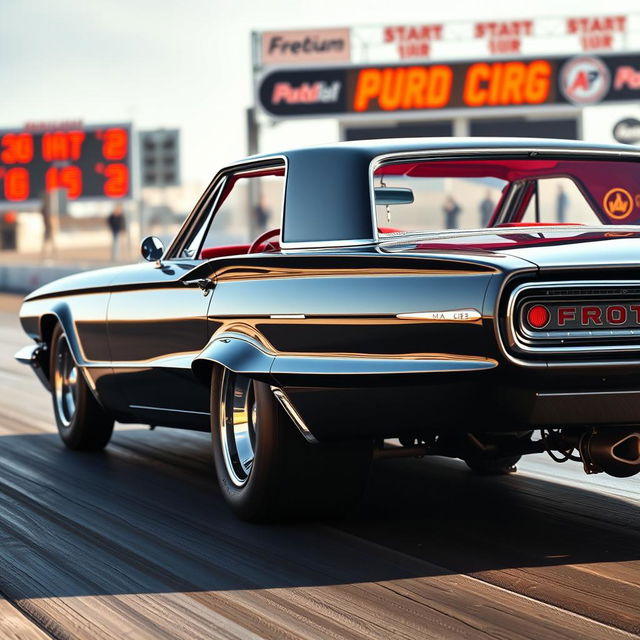 A sleek black 1965 Ford Thunderbird drag car with an aggressive stance, featuring large chrome wheels that reflect the sunlight