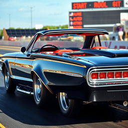 A sleek black 1965 Ford Thunderbird drag car with an aggressive stance, featuring large chrome wheels that reflect the sunlight