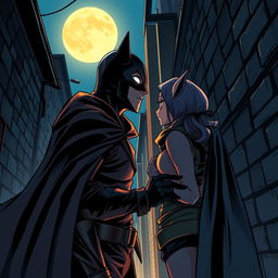 In a dark and mysterious alley under the soft glow of a full moon, a masked vigilante and an agile thief meet in a manga style