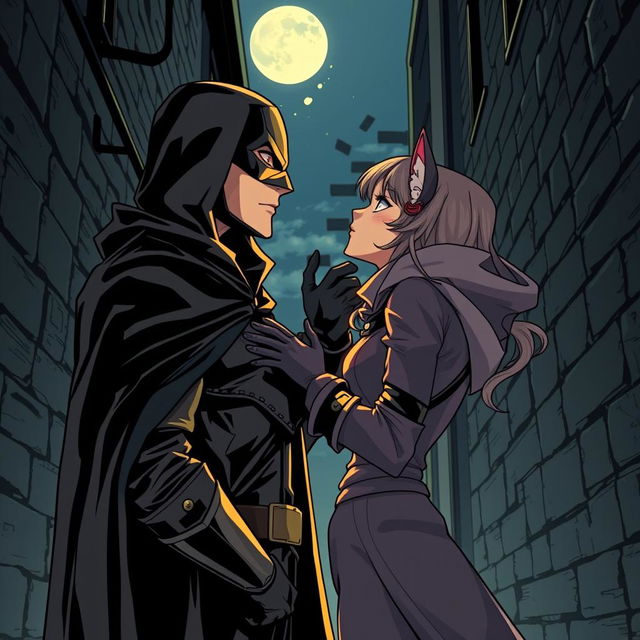 In a dark and mysterious alley under the soft glow of a full moon, a masked vigilante and an agile thief meet in a manga style