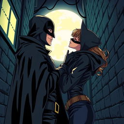 In a dark and mysterious alley under the soft glow of a full moon, a masked vigilante and an agile thief meet in a manga style