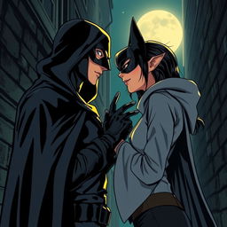 In a dark and mysterious alley under the soft glow of a full moon, a masked vigilante and an agile thief meet in a manga style