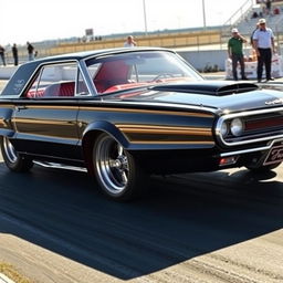 A sleek black 1965 Ford Thunderbird drag car, showcasing its powerful stance with large chrome wheels that gleam under the sunlight