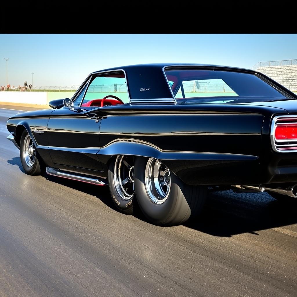 A sleek black 1965 Ford Thunderbird drag car, showcasing its powerful stance with large chrome wheels that gleam under the sunlight