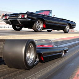 A sleek black 1965 Ford Thunderbird drag car, showcasing its powerful stance with large chrome wheels that gleam under the sunlight