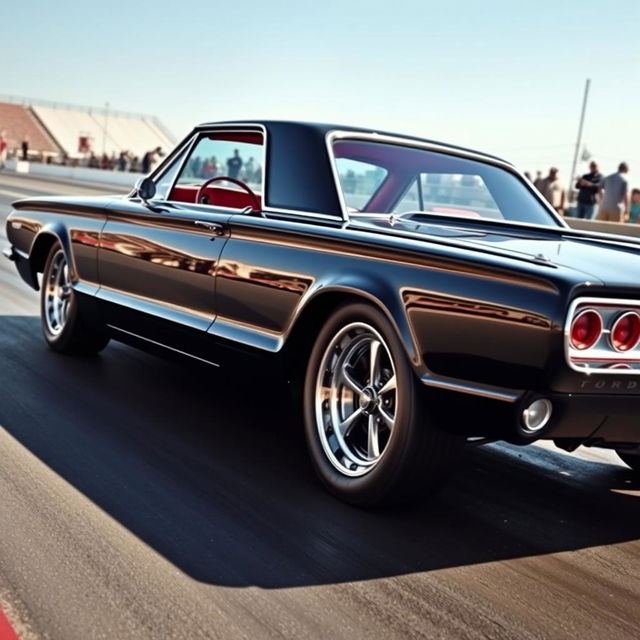 A sleek black 1965 Ford Thunderbird drag car, showcasing its powerful stance with large chrome wheels that gleam under the sunlight