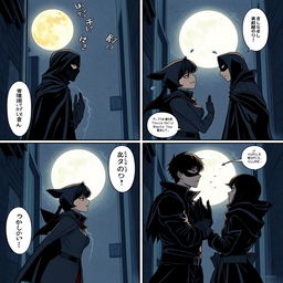 In a dark and mysterious alley under the soft glow of a full moon, a masked vigilante and an agile thief meet in a four-part manga scene