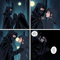 In a dark and mysterious alley under the soft glow of a full moon, a masked vigilante and an agile thief meet in a four-part manga scene