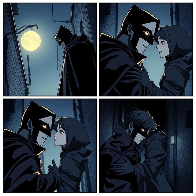 In a dark and mysterious alley under the soft glow of a full moon, a masked vigilante and an agile thief meet in a four-part manga scene