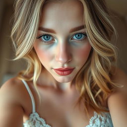 An upper body view selfie of a gorgeous young lady with light skin and loose, wavy blonde hair with brown roots