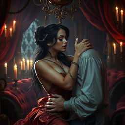 An intricately detailed fantasy scene depicting a dramatic interpretation of love and passion intertwined with elements of restraint and allure