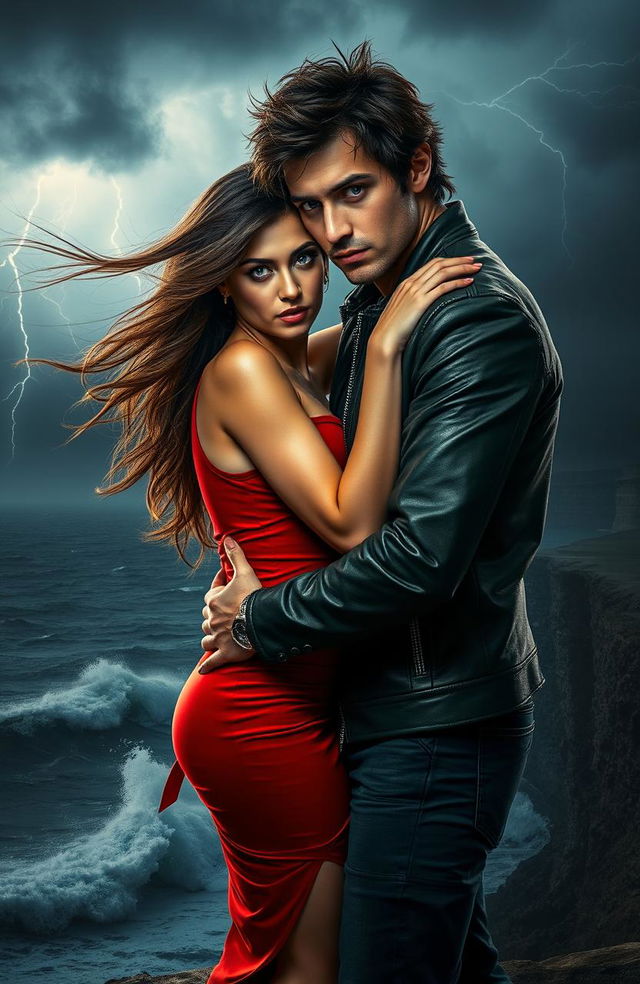 A passionate depiction of dangerous love, featuring a couple locked in an intense embrace against a dramatic backdrop of a stormy night sky with lightning illuminating their faces