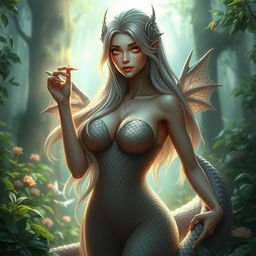 A beautiful human-like serpent woman with large breasts, exuding an aura of kindness and grace