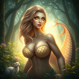 A beautiful human-like serpent woman with large breasts, exuding an aura of kindness and grace