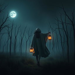 A dark and misty forest devoid of grass, filled with haunting dead trees under a night sky devoid of stars