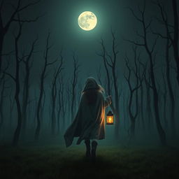 A dark and misty forest devoid of grass, filled with haunting dead trees under a night sky devoid of stars