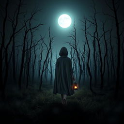 A dark and misty forest devoid of grass, filled with haunting dead trees under a night sky devoid of stars