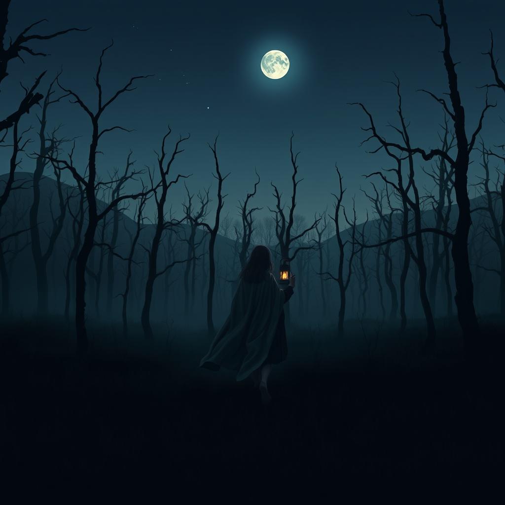 A dark and misty forest devoid of grass, filled with gnarled, dead trees under a twilight sky where no stars can be seen