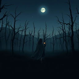 A dark and misty forest devoid of grass, filled with gnarled, dead trees under a twilight sky where no stars can be seen