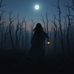 A dark and misty forest devoid of grass, filled with gnarled, dead trees under a twilight sky where no stars can be seen