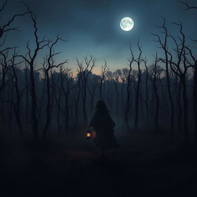 A dark and misty forest devoid of grass, filled with gnarled, dead trees under a twilight sky where no stars can be seen