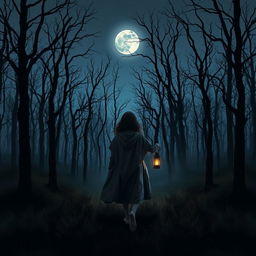 A dark and misty forest devoid of grass, filled with gnarled, dead trees under a twilight sky where no stars can be seen