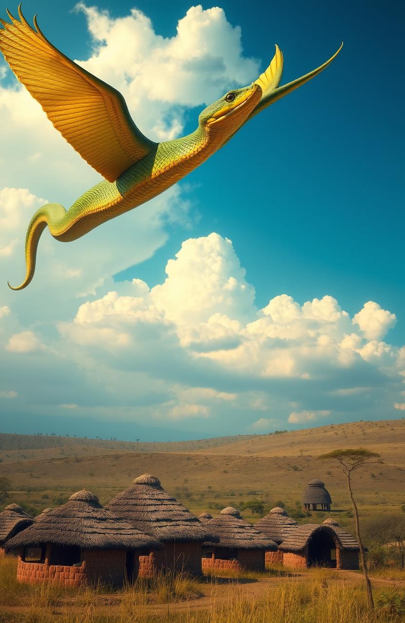 A massive, majestic snake soaring through the sky above a scenic landscape dotted with traditional African huts