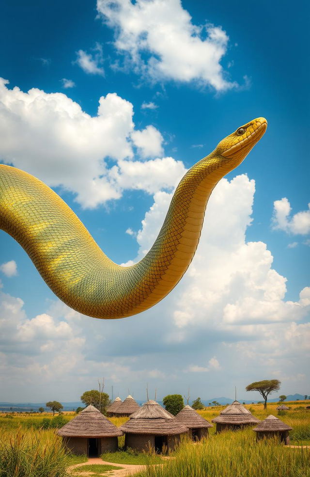 A massive, majestic snake soaring through the sky above a scenic landscape dotted with traditional African huts