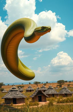 A massive, majestic snake soaring through the sky above a scenic landscape dotted with traditional African huts