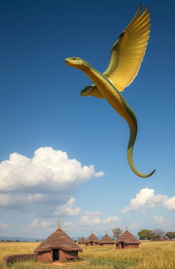 A massive, majestic snake soaring through the sky above a scenic landscape dotted with traditional African huts