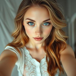 An overhead full-body view of a beautiful young woman taking a selfie, characterized by her fair skin and loose, wavy blonde hair with brown roots