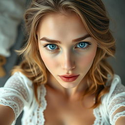 An overhead full-body view of a beautiful young woman taking a selfie, characterized by her fair skin and loose, wavy blonde hair with brown roots