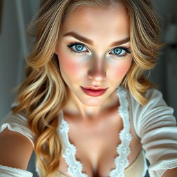 An overhead full-body view of a beautiful young woman taking a selfie, characterized by her fair skin and loose, wavy blonde hair with brown roots