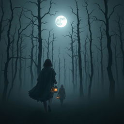 A dark and misty forest completely devoid of grass, featuring tall, twisted dead trees silhouetted against the night sky, which holds no stars